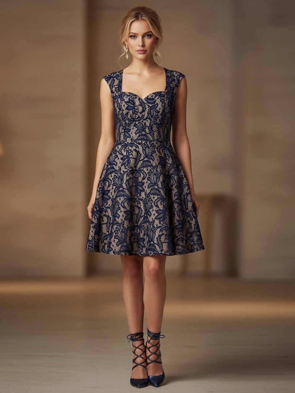 Navy and Gold Lace-Pattern Fit & Flare Midi Dress